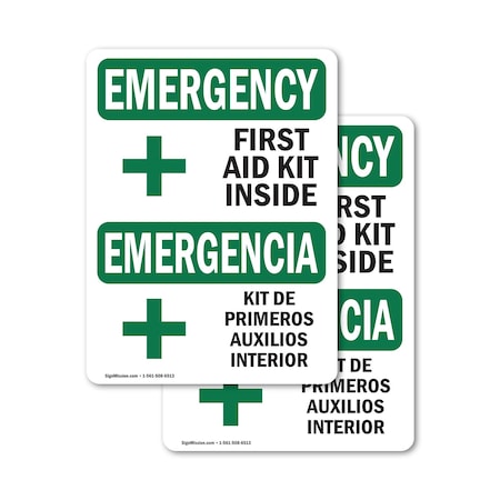 Signmission First Aid Kit Inside Bilingual, 7 in W x Rectangle, Vinyl Decal OS-2PACK-EM-D-710-L-10322